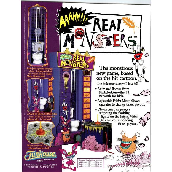 Aaahh!!! Real Monsters 1990s Arcade Game Flyer Nickelodeon Promo - Picture 1 of 2